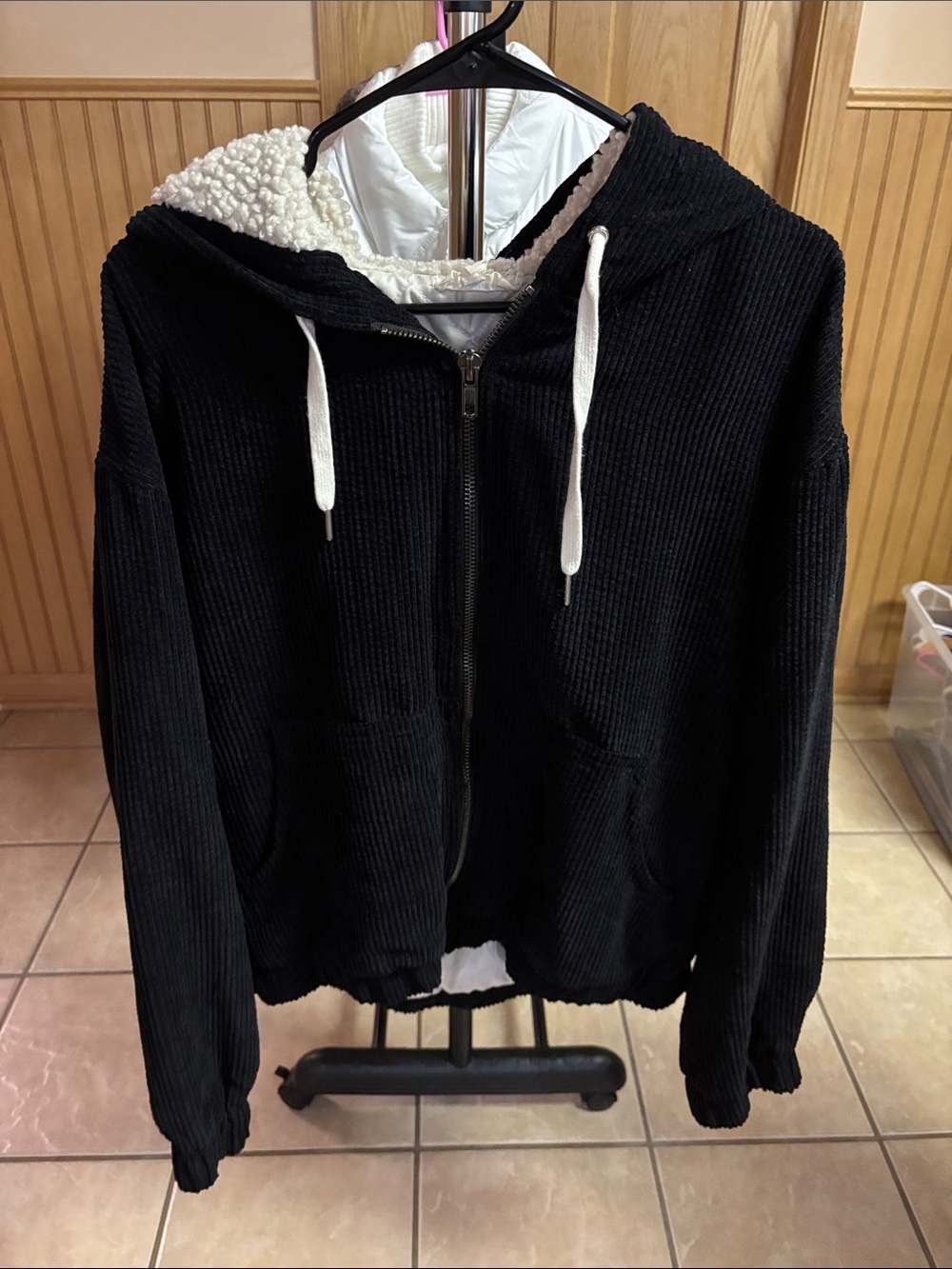 eesome Black Corduroy Teddy-Lined Zip Hoodie with White Sherpa